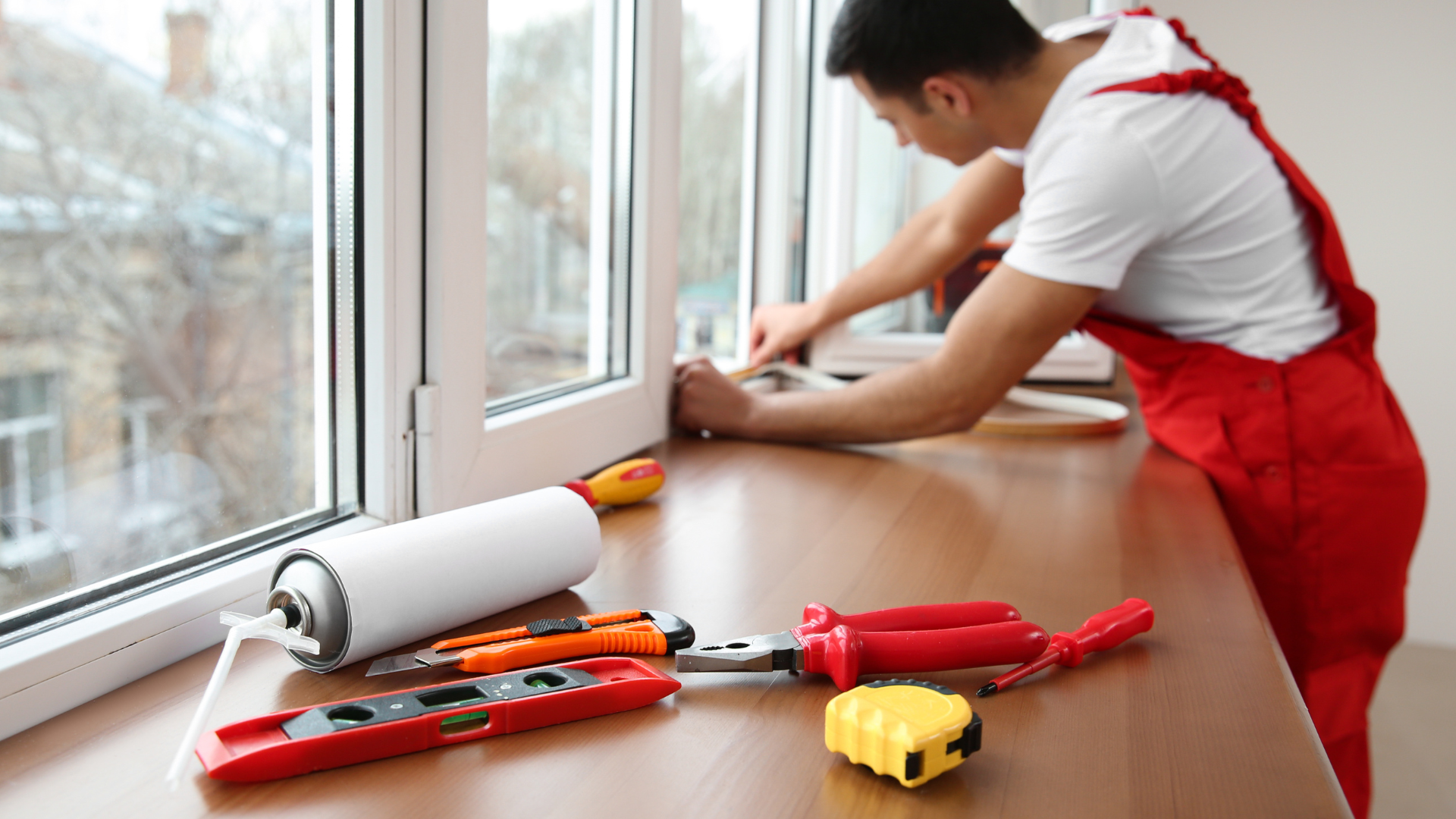 contractor sealing windows in home