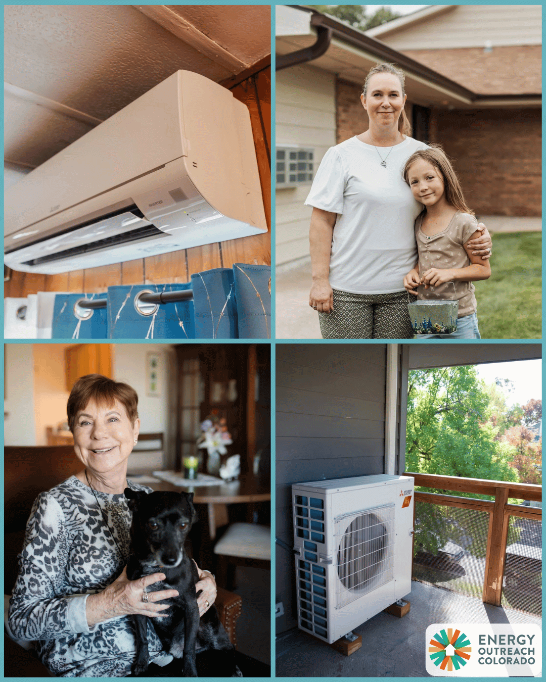 Partner Spotlight EOC Story Image A four-image collage. Top left features an air cooling unit, top right features a mother and daughter standing side by side outside their home, bottom left is a woman holding her small black dog, bottom right shows an air source heat pump installed on a back patio.